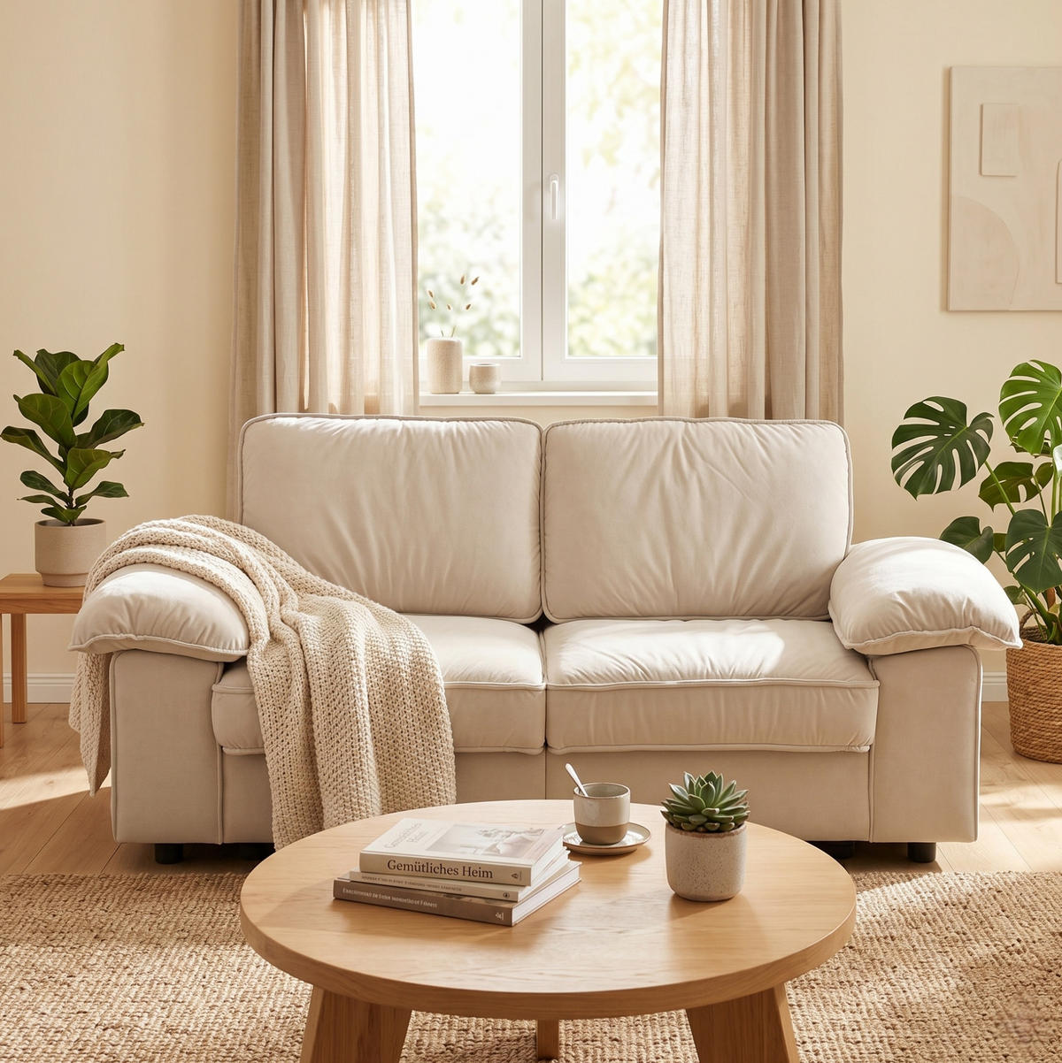 SOFA mit Stauraum Kurzplüsch Cream White - Weiß, Holzwerkstoff (201/89/91cm) - Meubliv