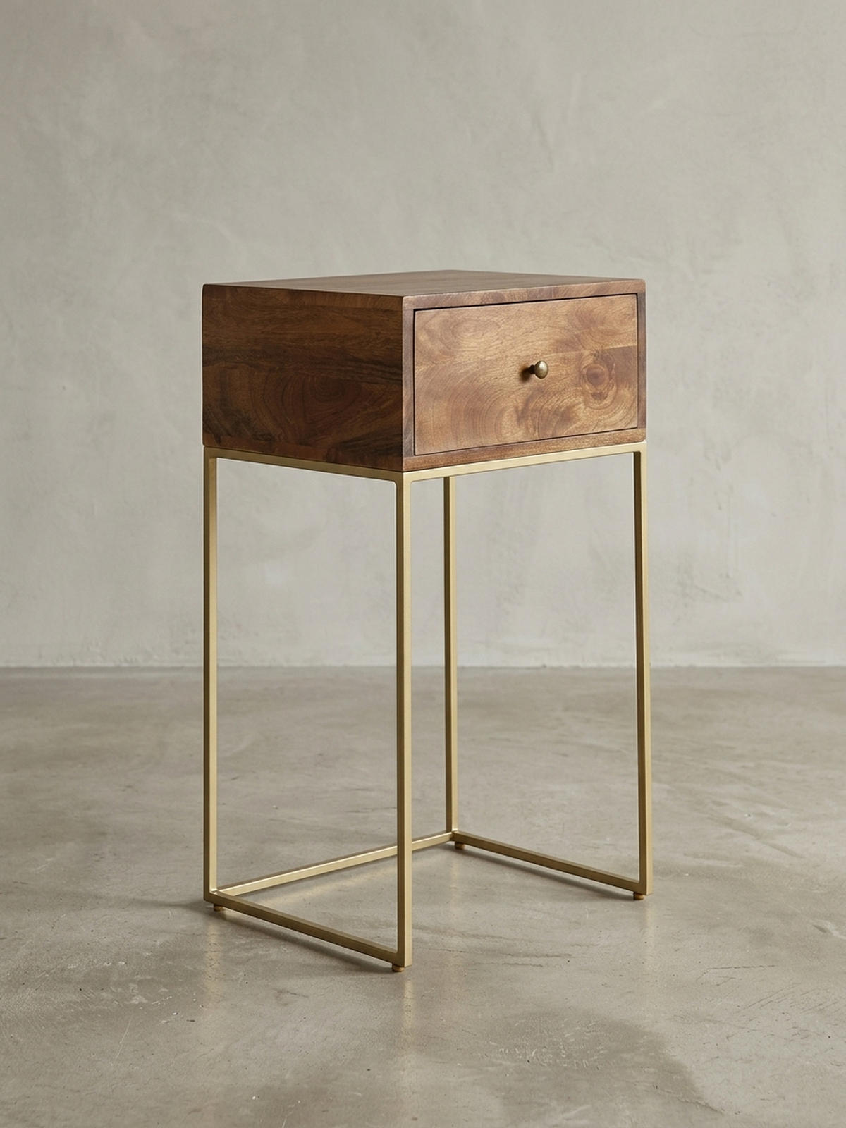 NACHTTISCH – Mango Massivholz/Metall, 1 Schublade, Industrial-Stil - Goldfarben/Braun, Holz/Metall (40/75/35cm) - KADIMA DESIGN