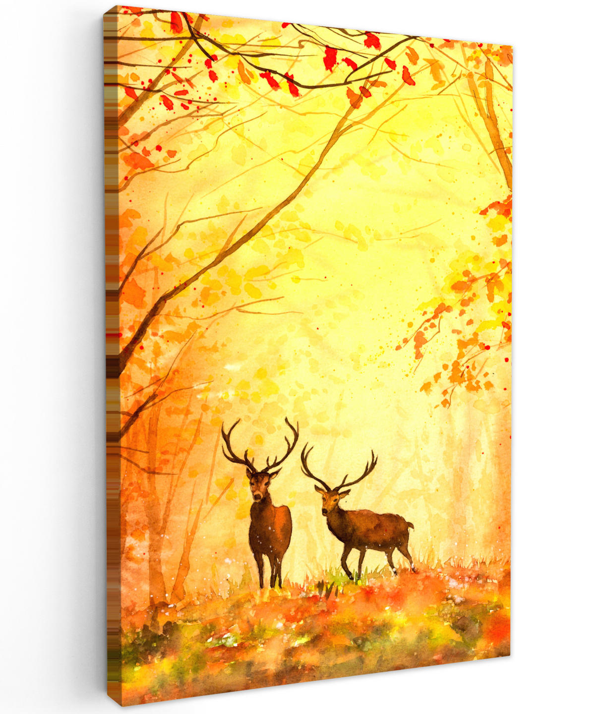 LEINWANDBILD Natur - Ölfarbe - Hirsche - Tiere - Herbst - Orange 80x120 cm - Orange, Textil (80/120cm) - MuchoWow