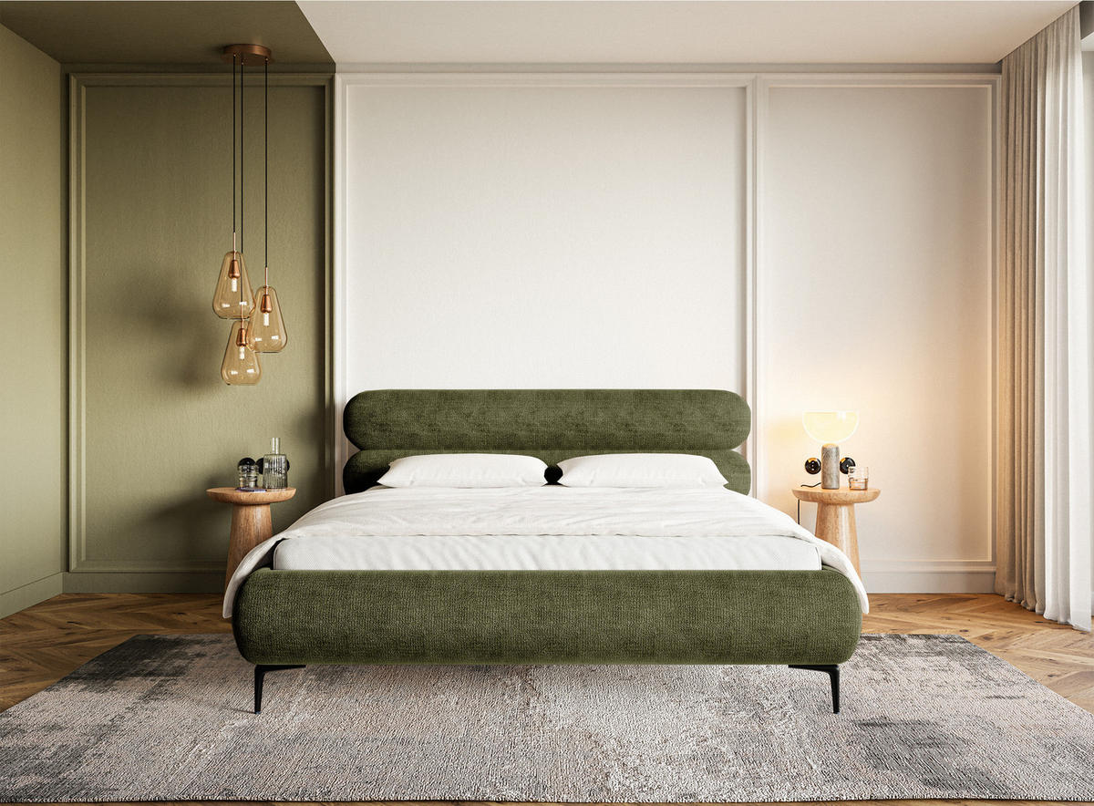 POLSTERBETT Roule Olivgrün Chenille mit schwarzen Metallbeinen 180 cm - Schwarz/Olivgrün, Textil/Metall (180/200cm) - Selsey