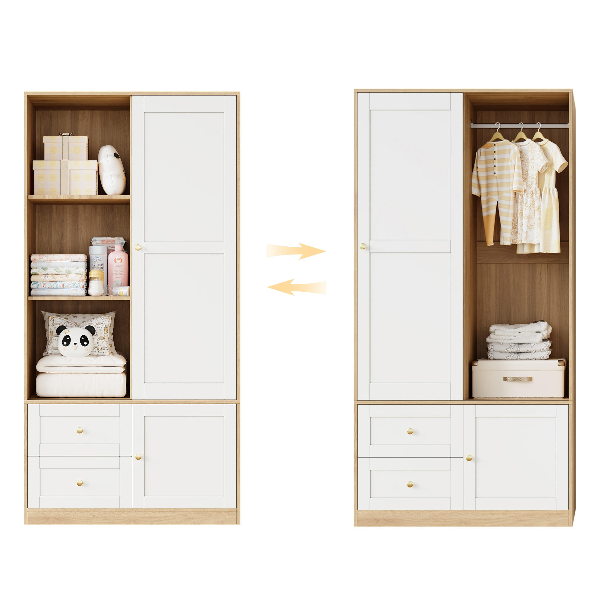 GARDEROBENSCHRANK mit Schiebetüren,mit Schutzgitter, 90/50/180 cm + 82/50/90 cm - Weiß/Naturfarben, Holzwerkstoff/Metall (90/180/50cm) - EVRYAE