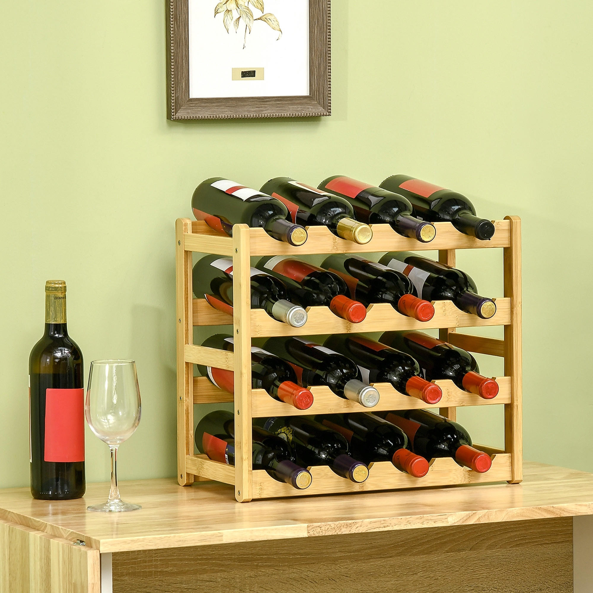 WEINREGAL Flaschenregal Weinhalter für 16 Flaschen Standregal aus Bambus Natur - Naturfarben, Naturmaterialien (23.5/38/43cm) - HOMCOM
