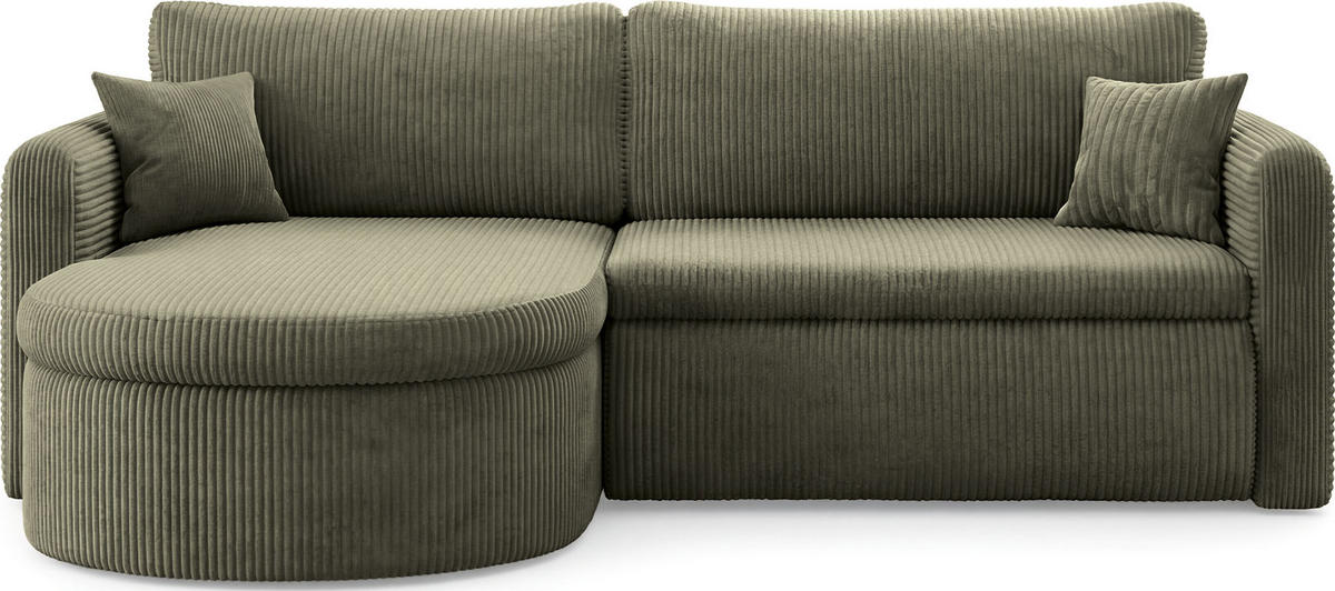 ECKSOFA Cora mit Schlaffunktion & Stauraum, Universell Rechts/Links, Olivgrün Cord Chenille 260/82/160 cm - Schwarz/Grün, Kunststoff/Textil (250/160cm) - WFL GROUP