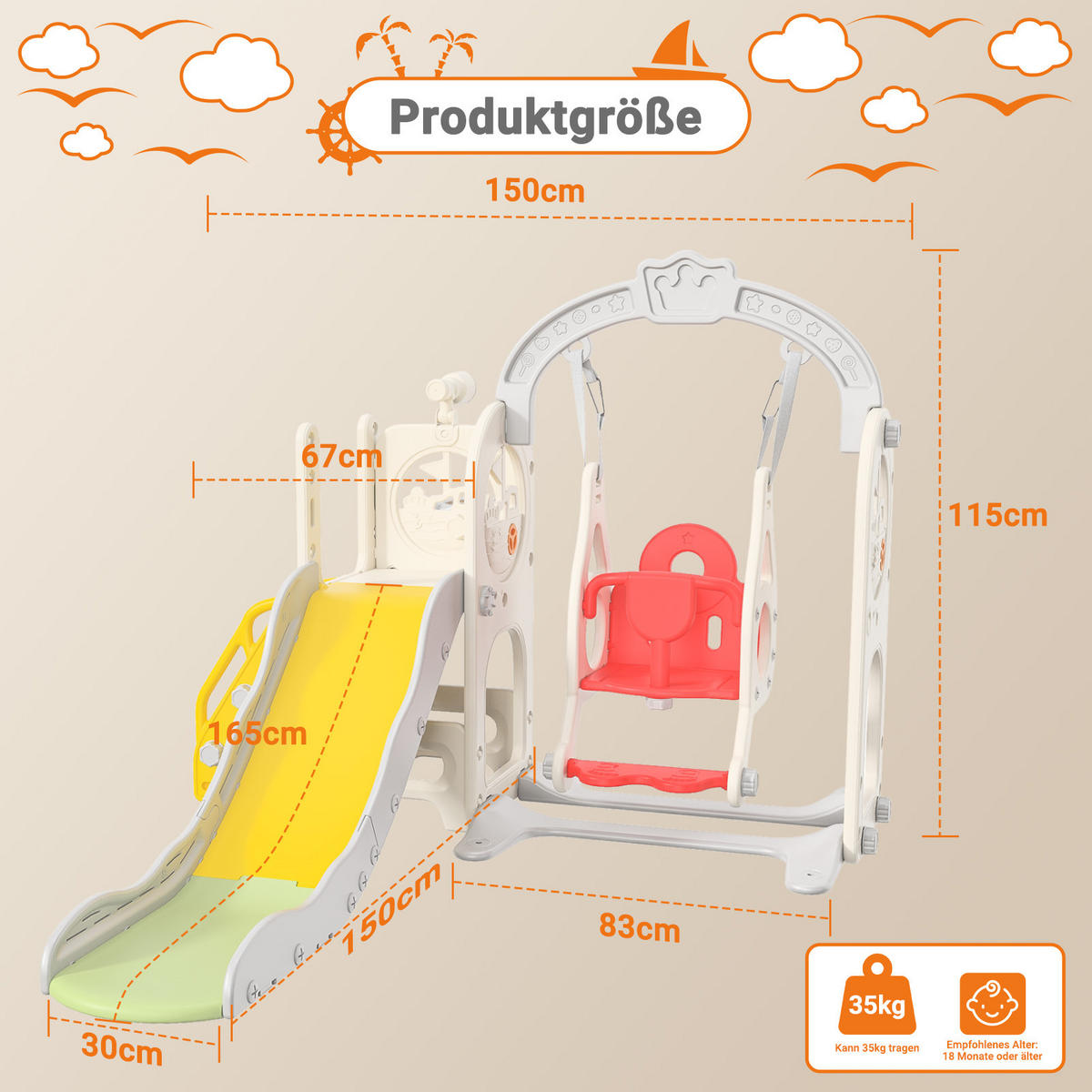 6-IN-1 RUTSCHE Kinder Weiß Mit Klettergerüst, Schaukel & Teleskop - Weiß, Holz (150/115/150cm)