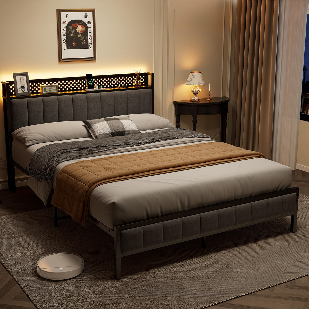 METALLBETT 140/200 cm in Schwarz mit gepolstertem Kopfteil, LED und USB - Schwarz, Holzwerkstoff/Textil (140/200cm) - CHICFURN