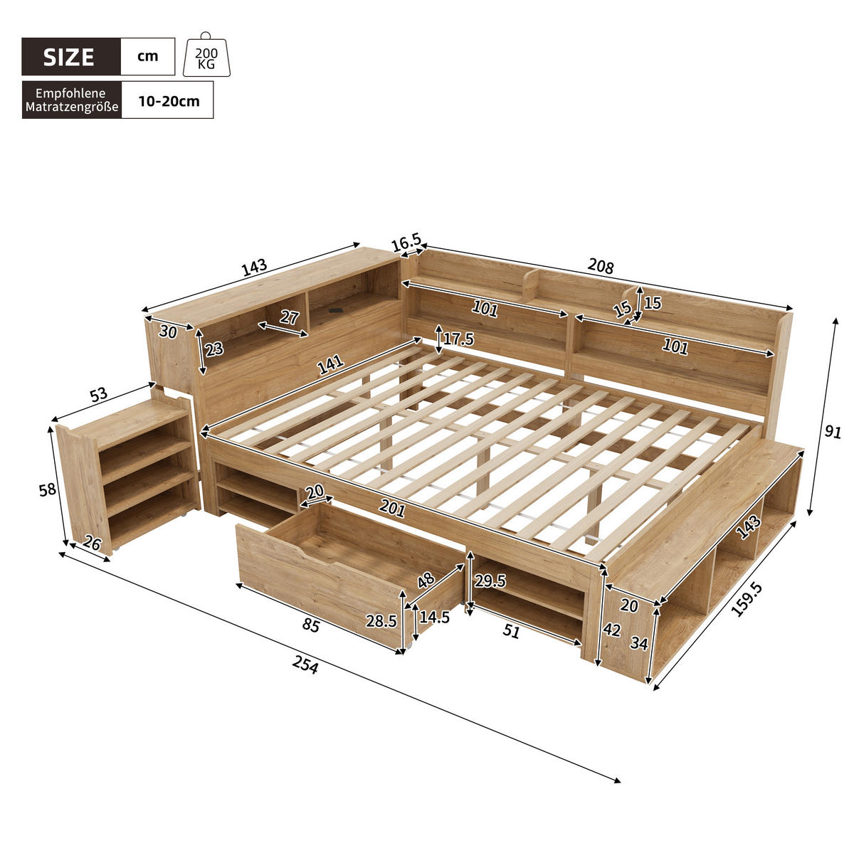 KINDERBETT 140/200 cm aus Sperrholz mit Stauraum, Regalen und kabelloser Ladefunktion Natur - Naturfarben, Holzwerkstoff (140/200cm) - Modenvie