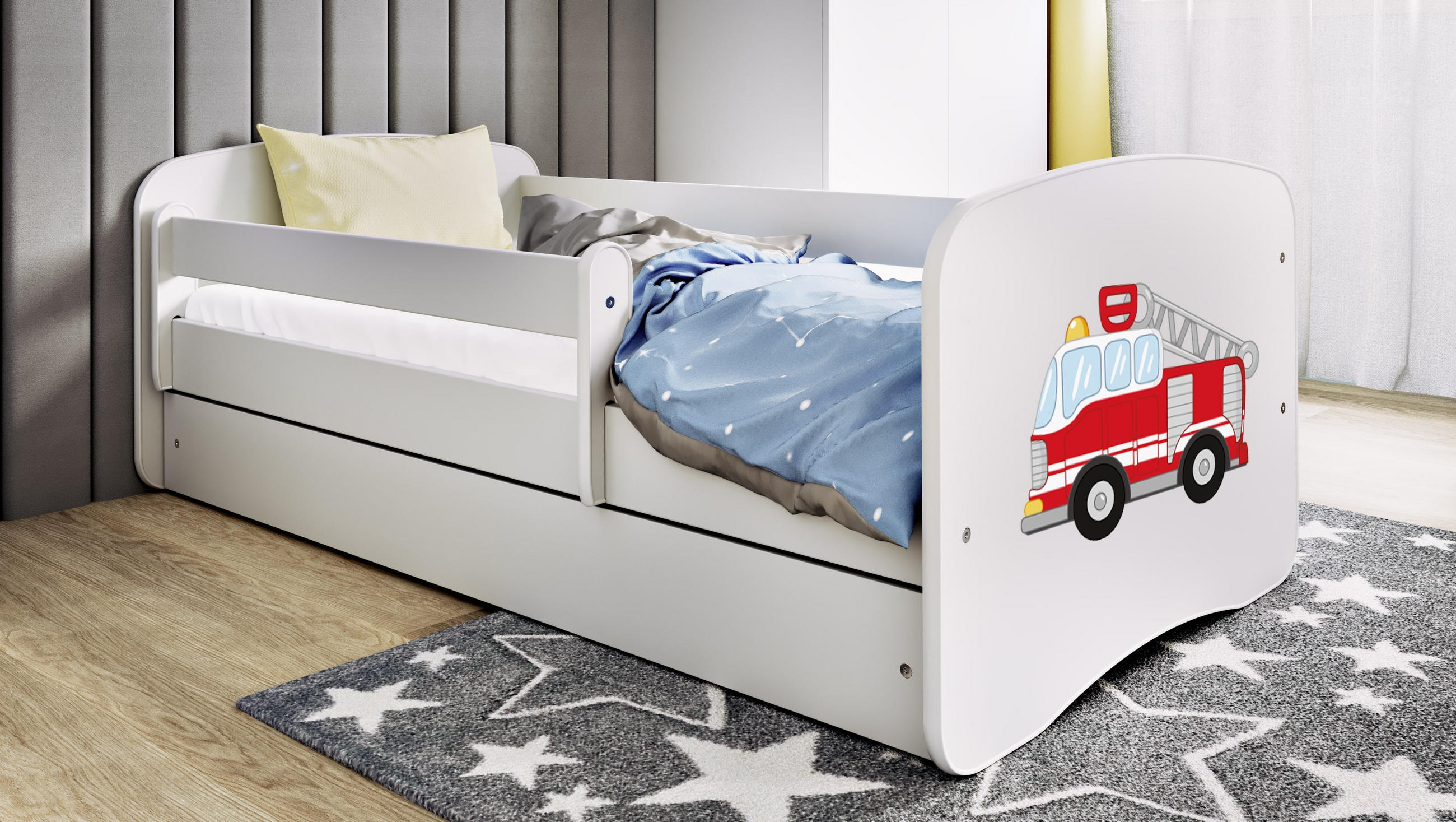 KINDERBETT Feuerwehr 70x140 cm mit Schublade, Rausfallschutz & Lattenrost, Weiß - Weiß, Holzwerkstoff (70/140cm) - RAUMHIRSCH FURNITURE