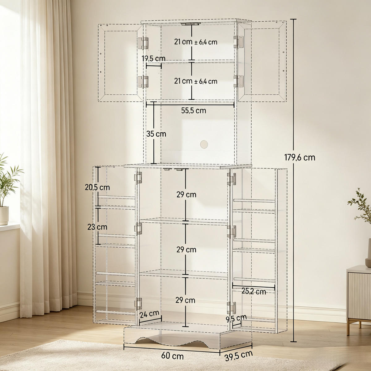 BUFFET DE-38833 60/39,5/179,6 cm 4 Türen und 8 Gewürzhalter Weiß - Weiß, Holzwerkstoff (60/179.6/39.5cm) - ComfortXL