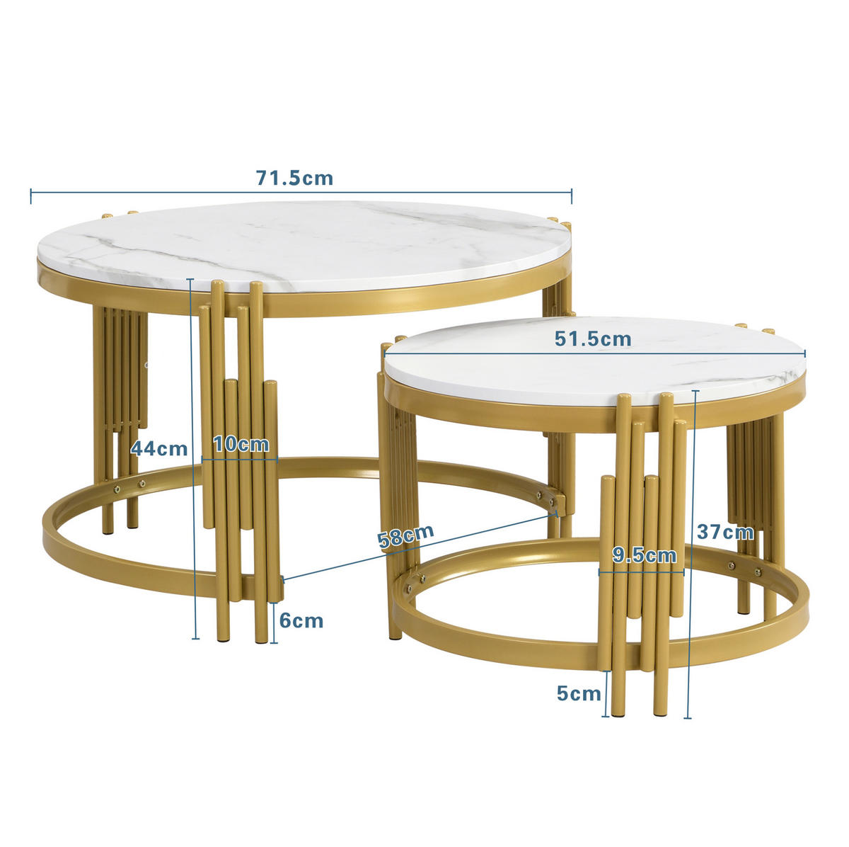 COUCHTISCH-SET 71,5/71,5/44 cm in Marmoroptik, nestbar mit goldenem Metallrahmen - Messingfarben, Holzwerkstoff (71.5/58/44cm) - Flora Grace