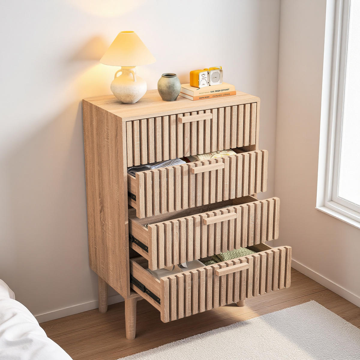 BYRÅ, naturfärgad, 4 lådor, trälook - Naturfärgad, Träbaserade material (34/91/60cm) - SHOPENTRA