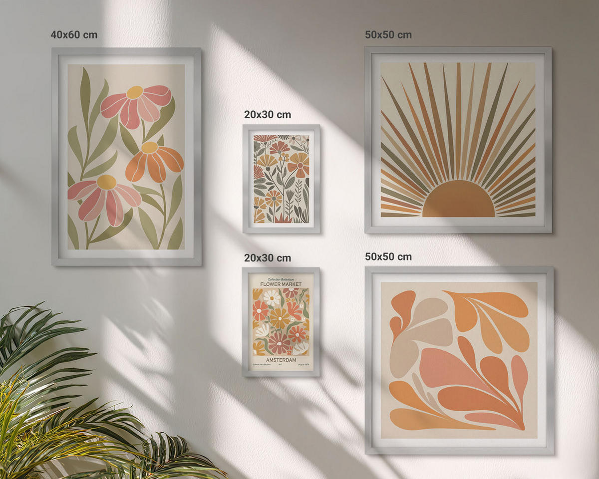 WANDBILDER 5er Set - 50x50 cm & 20x30 cm & 40x60 cm Silberner Rahmen - Pastellfarbene Sonnenblumen - Silberfarben, Kunststoff (40/60cm) - ArtPrintCave
