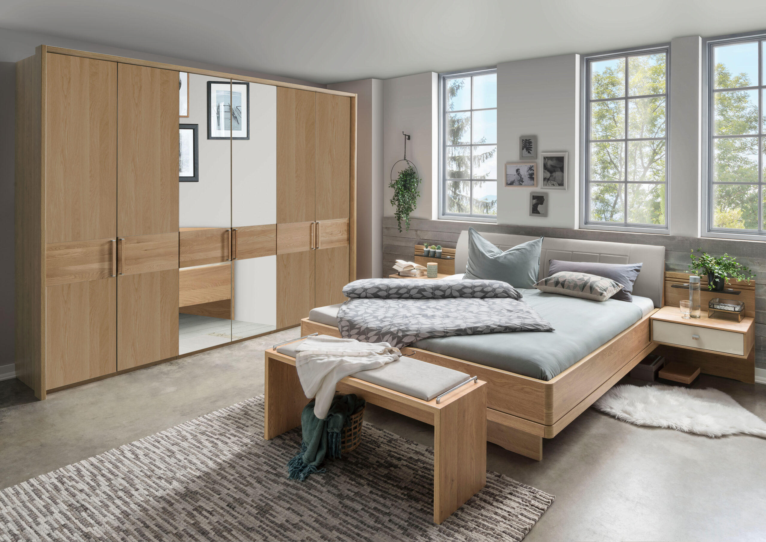 SCHLAFZIMMER Lenvara in Eiche 4 teilig mit Drehtürenschrank mit Spiegel, Passepartout, zwei Nachttische und Komfortbett - Braun, Holzwerkstoff (80/200/120cm)