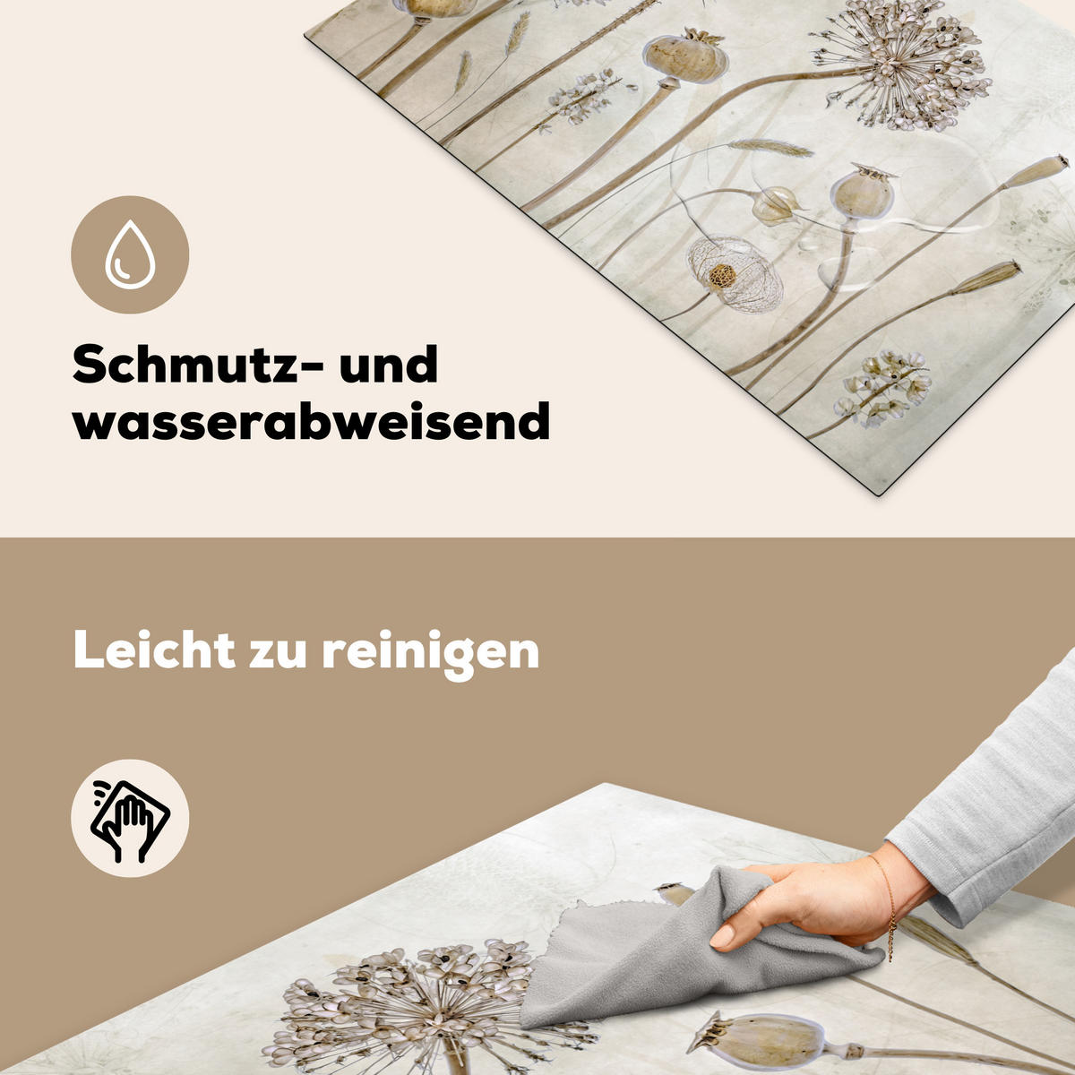 HERDABDECKPLATTE Blumen - Aquarell - Stilleben - Braun - Vintage 81x52 cm - Sandfarben, Kunststoff (81.2/52/0.2cm) - MuchoWow