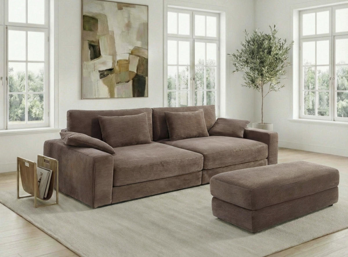 BIG-SOFA mit Federkern B290/T135/H90 cm extratief, Liegefläche 122x240 cm, Cord Braun Taupe / 15252 - Taupe/Schwarz, Kunststoff/Textil (290/90/135cm) - luma-home