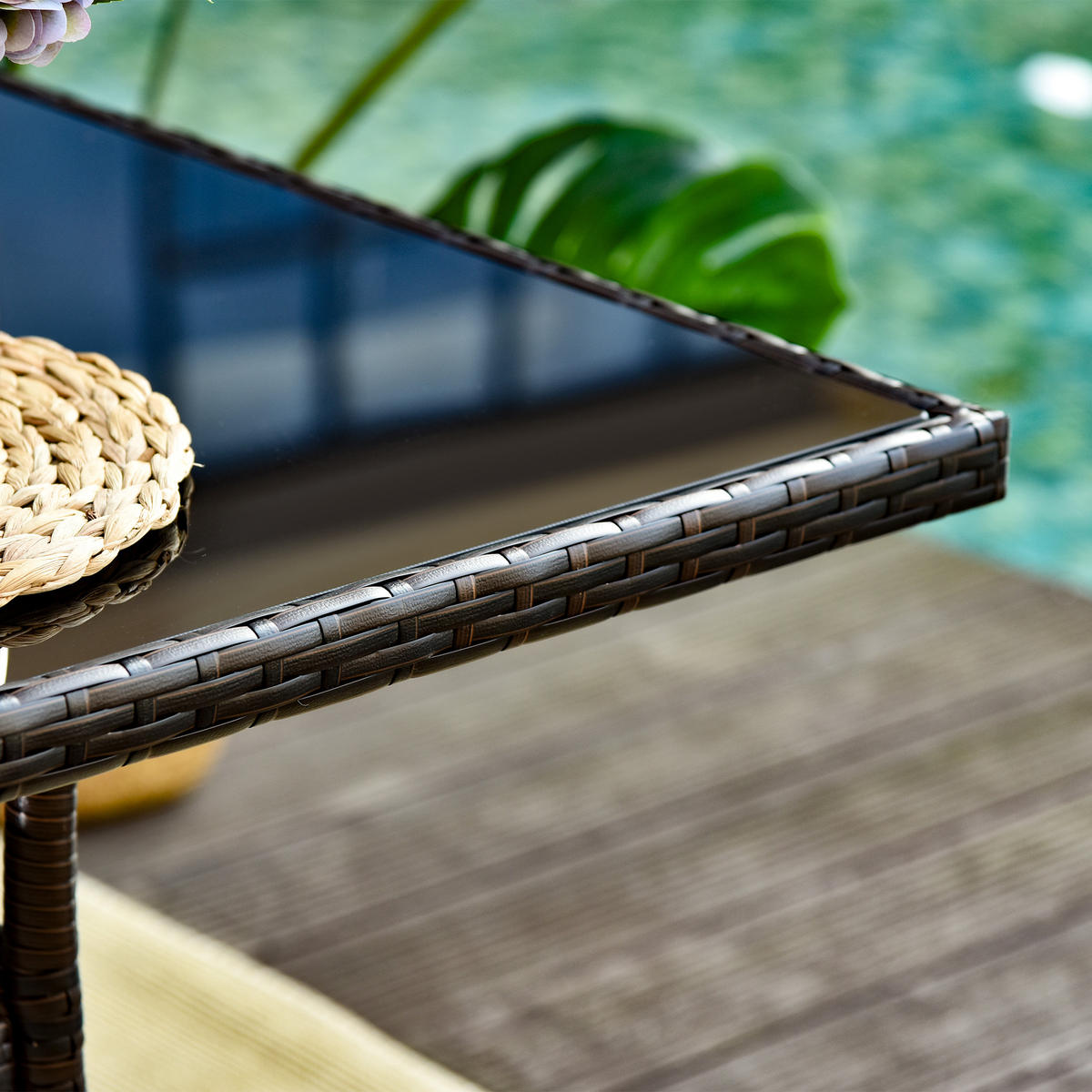 GARTENTISCH aus Polyrattan 150x85x74 cm Braun mit Sicherheitsglas - Braun, Metall (150/85/74cm) - Modfu