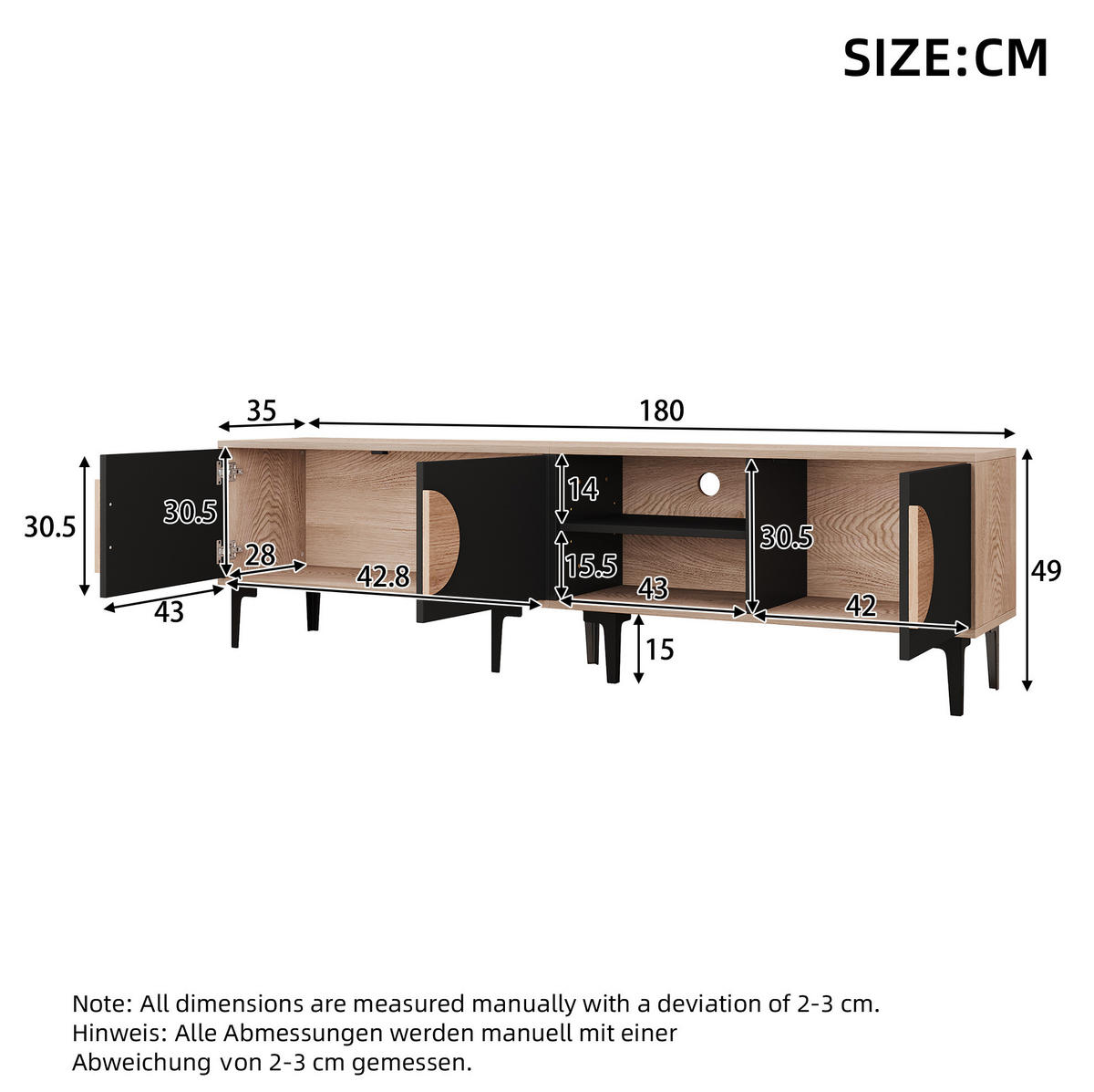 TV-LOWBOARD 180/35/49 cm mit 3 Türen und offenen Fächern - Schwarz, Holzwerkstoff (180/49/35cm) - BEAOK