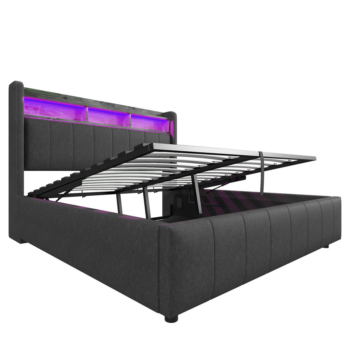 POLSTERBETT 160x200cm, LED, USB, Kopfteil Ablage+Stauraum, Grau - Grau, Textil (160/200cm)