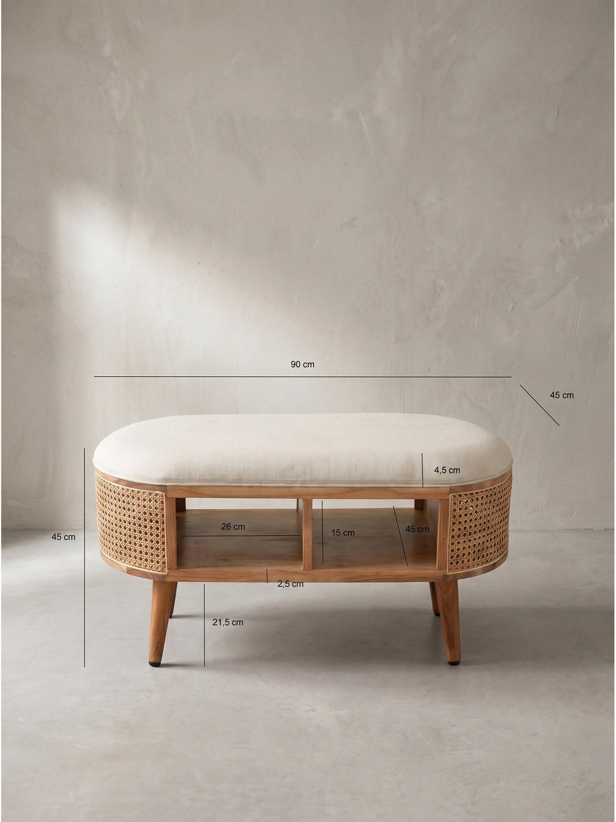 SITZBANK ASCOLI, Jutestoff, Akazie-Weiß, 90 x 45 x 45 cm - Hellbraun/Creme, Akazienholz/Holz (90/45/45cm) - KADIMA DESIGN