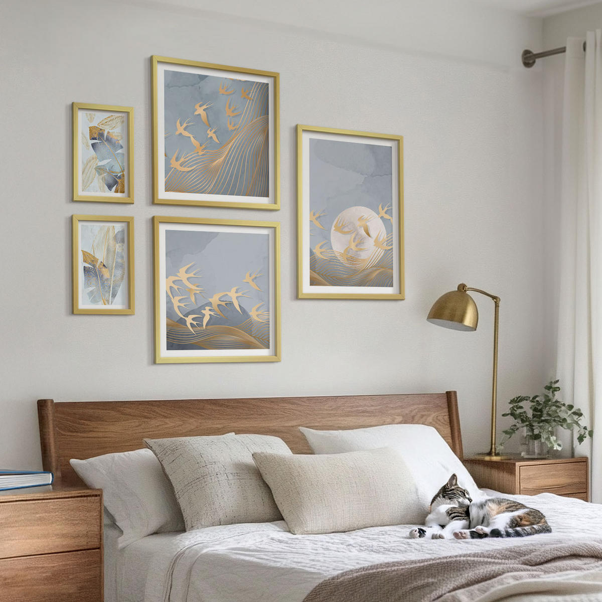 WANDBILDER 5er Set - 50x50 cm & 20x30 cm & 40x60 cm Goldrahmen - Blaubeige Blätter im Hintergrund - Goldfarben, Kunststoff (40/60cm) - ArtPrintCave