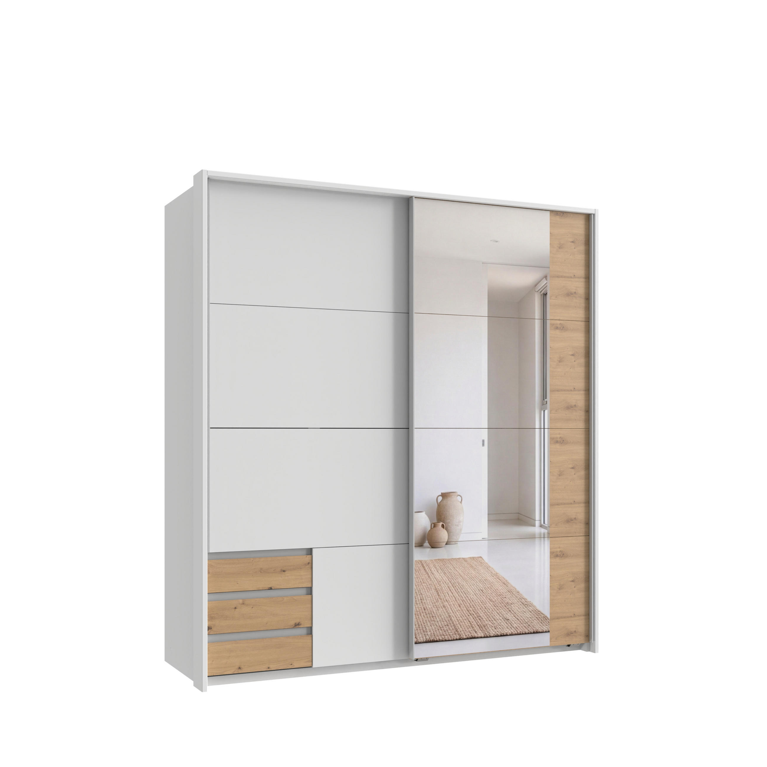 luma-home Schwebetürenschrank Weiß, Eiche Artisan 183x200x65 cm