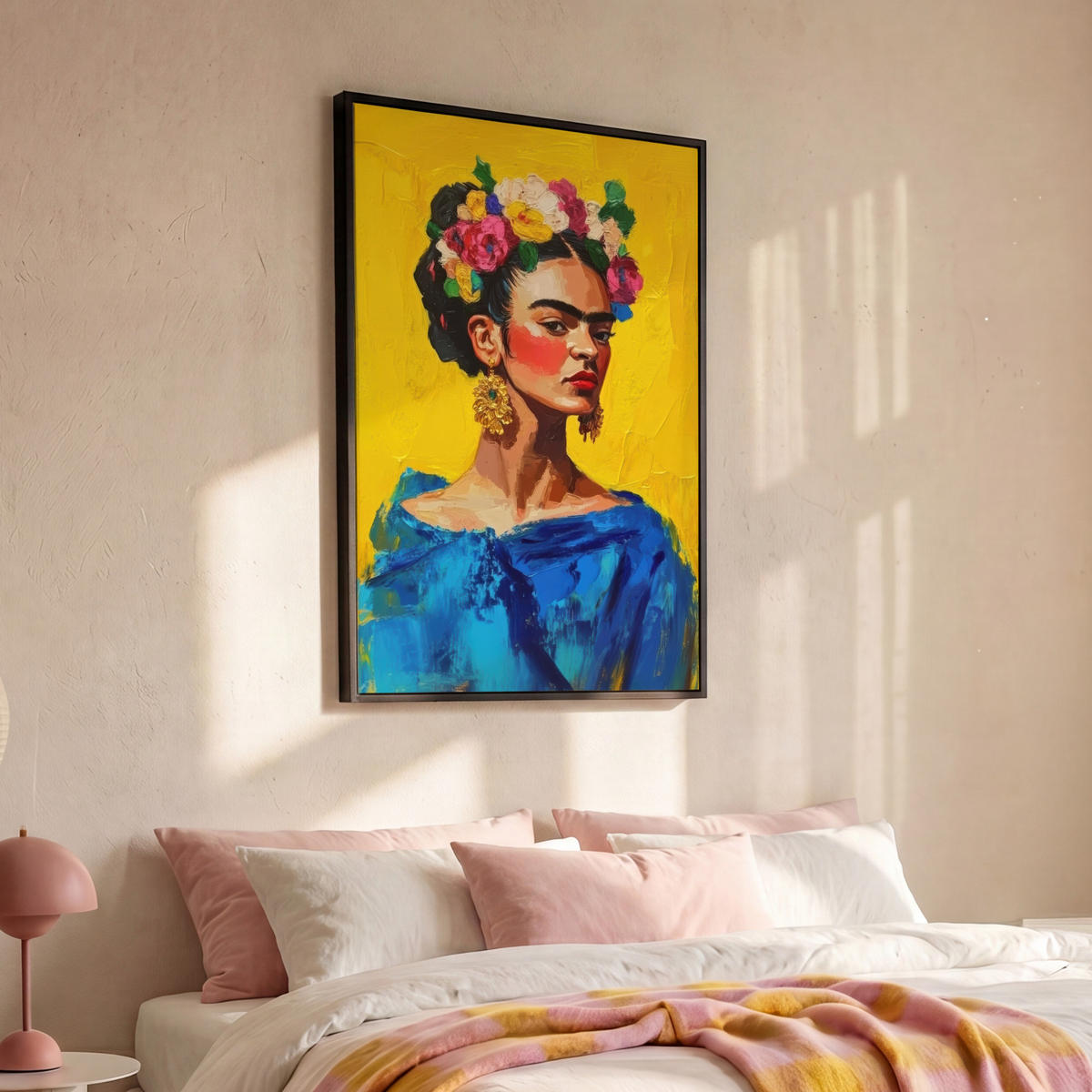 LEINWAND Bilder mit Rahmen - Frida Kahlo - Frau - Gelb - Blau - Blumen - 90x140 - Gelb, Textil (90/140cm) - MuchoWow