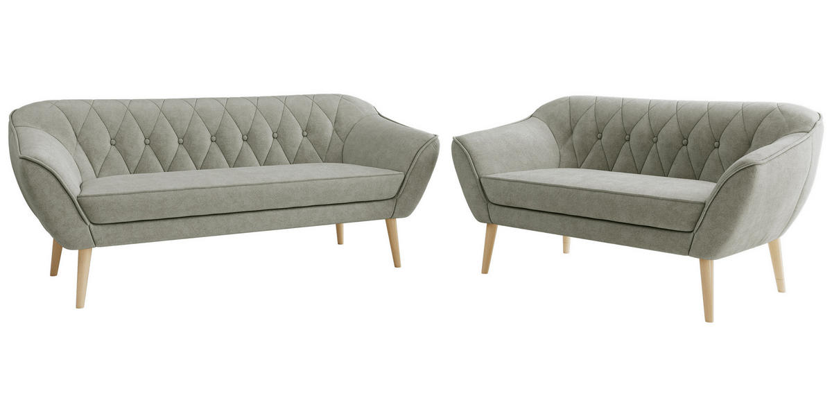 SITZGARNITUR PIRS 3+2 - Hellgrau Strukture - Holzbeine - Buchefarben/Silberfarben, Holzwerkstoff/Textil (180/75/74cm) - MKS