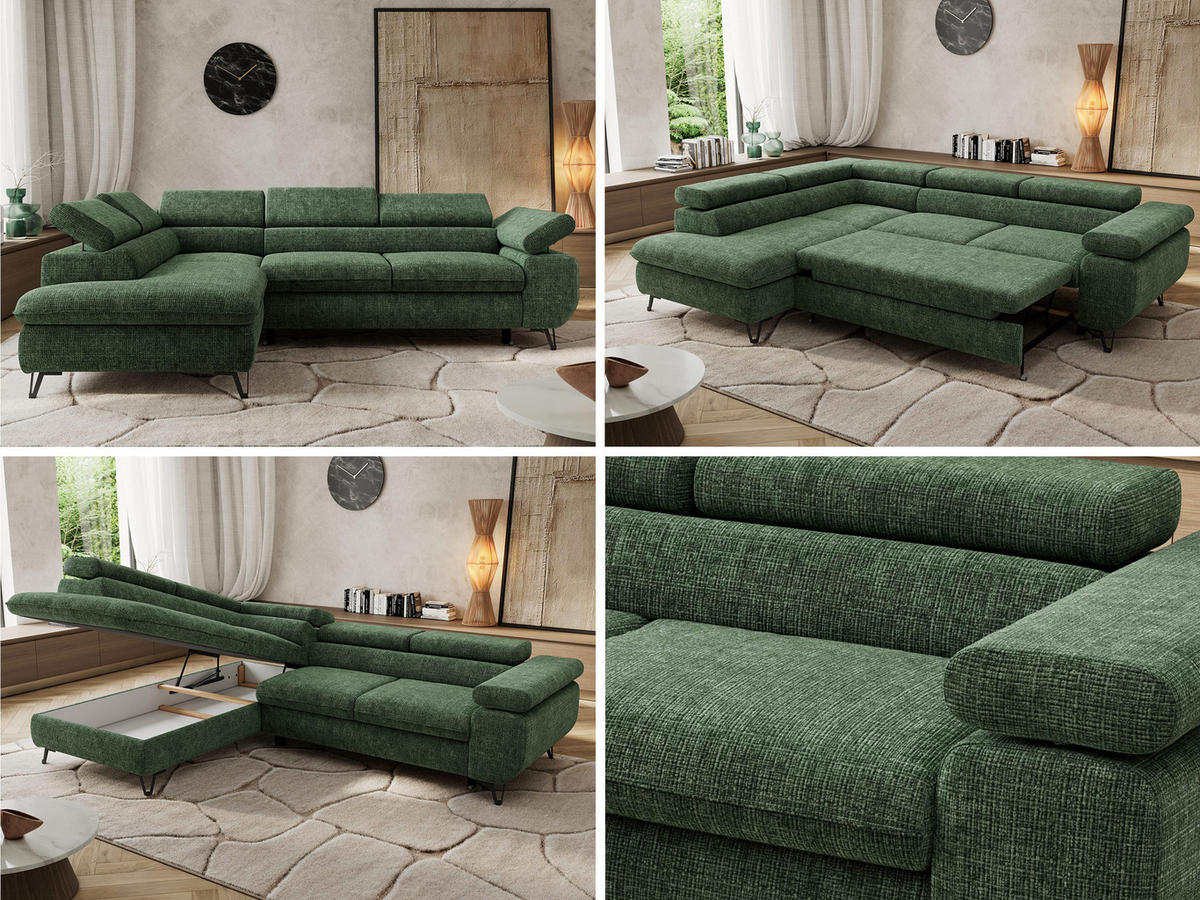 ECKSOFA PABLO L Dunkelgrün Schenille grob gewebt - Links Seite mit Visco Topper - Dunkelgrün/Schwarz, Textil/Metall (208/273cm) - MKS