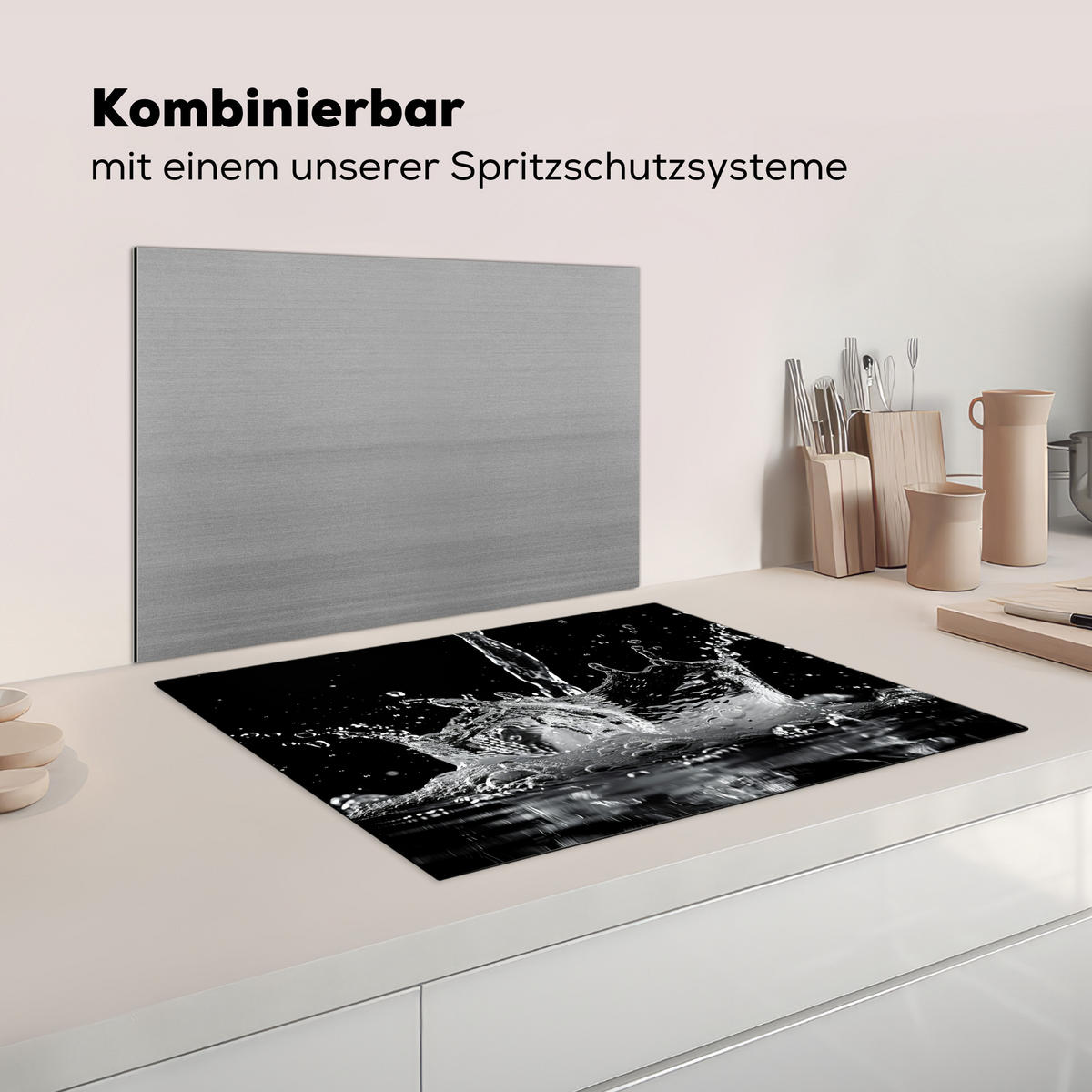 HERDABDECKPLATTE Wasser - Spritzwasser - Schwarz Herdabdeckung Induktionsfeld 70x52 cm - Schwarz, Kunststoff (70/52/0.2cm) - MuchoWow