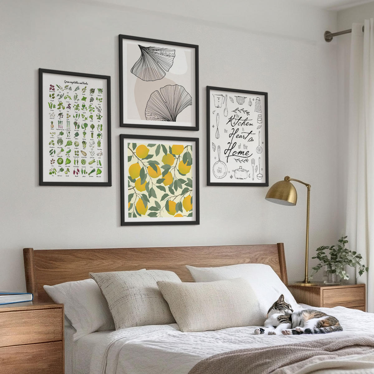 BILDER SET 4er Set - 50x50 cm & 40x60 cm Schwarzer Rahmen - Küchenkräuter-Zitronen-Malerei - Schwarz, Kunststoff (50/50cm) - TULUP