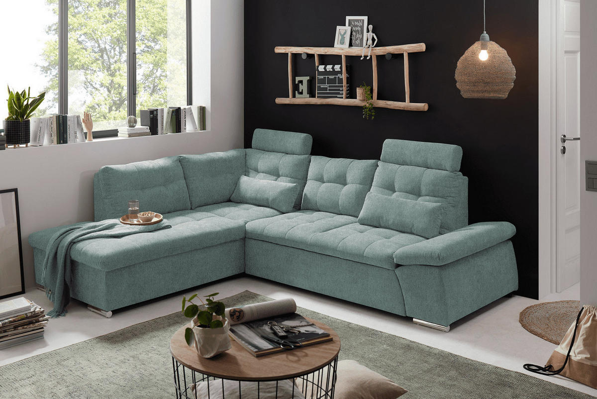 ECKSOFA mit Schlaffunktion, verstellbare Armlehne und Kopfstützen - Chromfarben/Blau, Textil (260/219cm) - ed exciting design