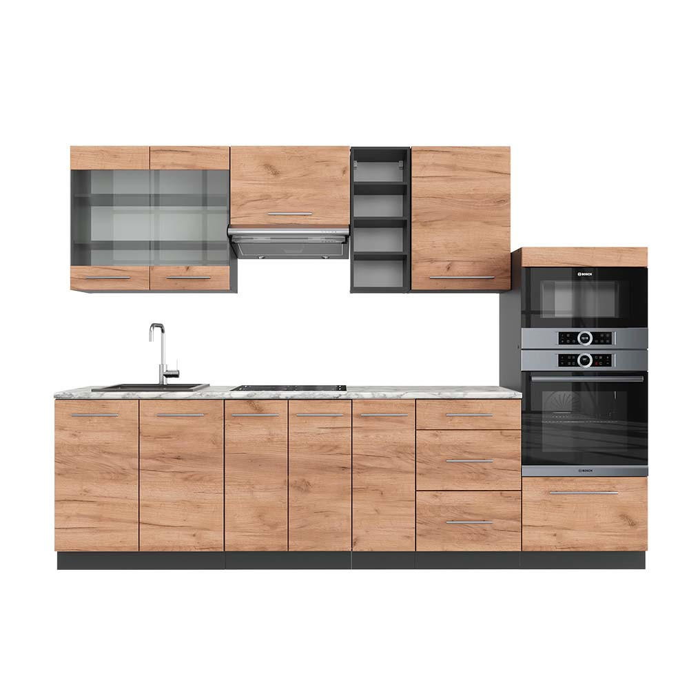 KÜCHENZEILE Fame-Line Goldkraft Eiche/Anthrazit 280 cm, AP Marmor - Anthrazit/Eiche Wotan, Holzwerkstoff (280/81.6/60cm) - Vicco