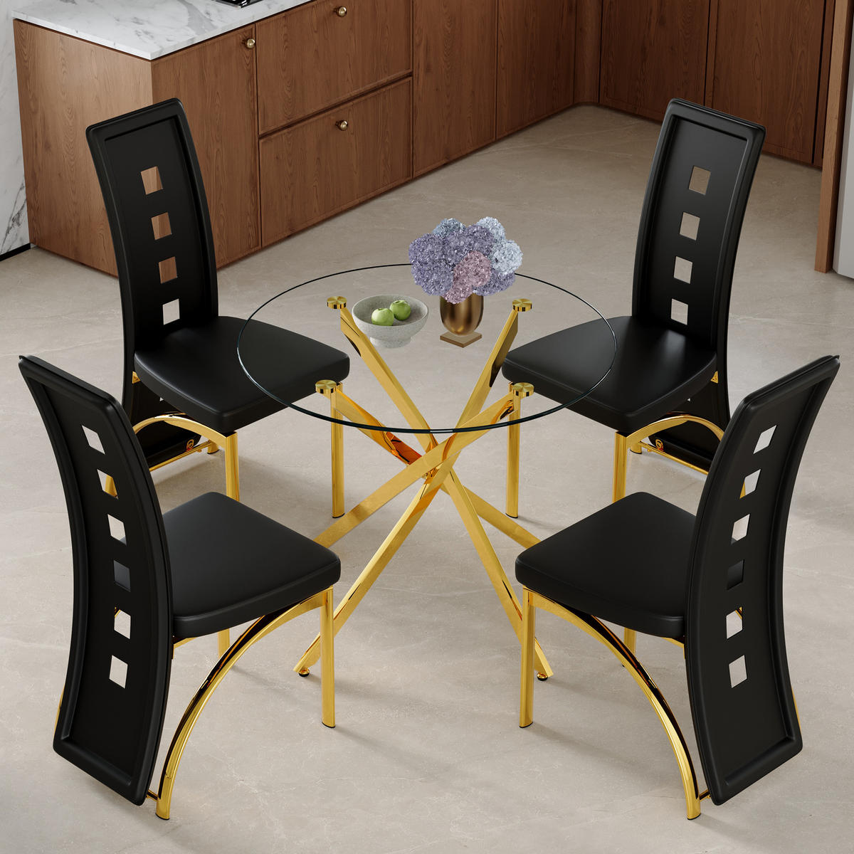 ESSGRUPPE DE-39452 5-teilig, Glastisch und 4 Stühlen mit Lochmuster Schwarz/Gold - Goldfarben/Schwarz, Metall (88/75/88cm) - ComfortXL