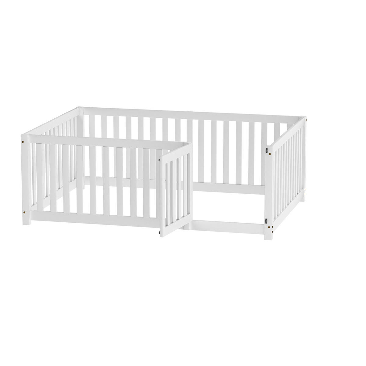 BODENBETT 140/200 cm Weiß mit Zaun und Tür aus Kiefernholz - Weiß, Holz (140/200cm) - OKWISH