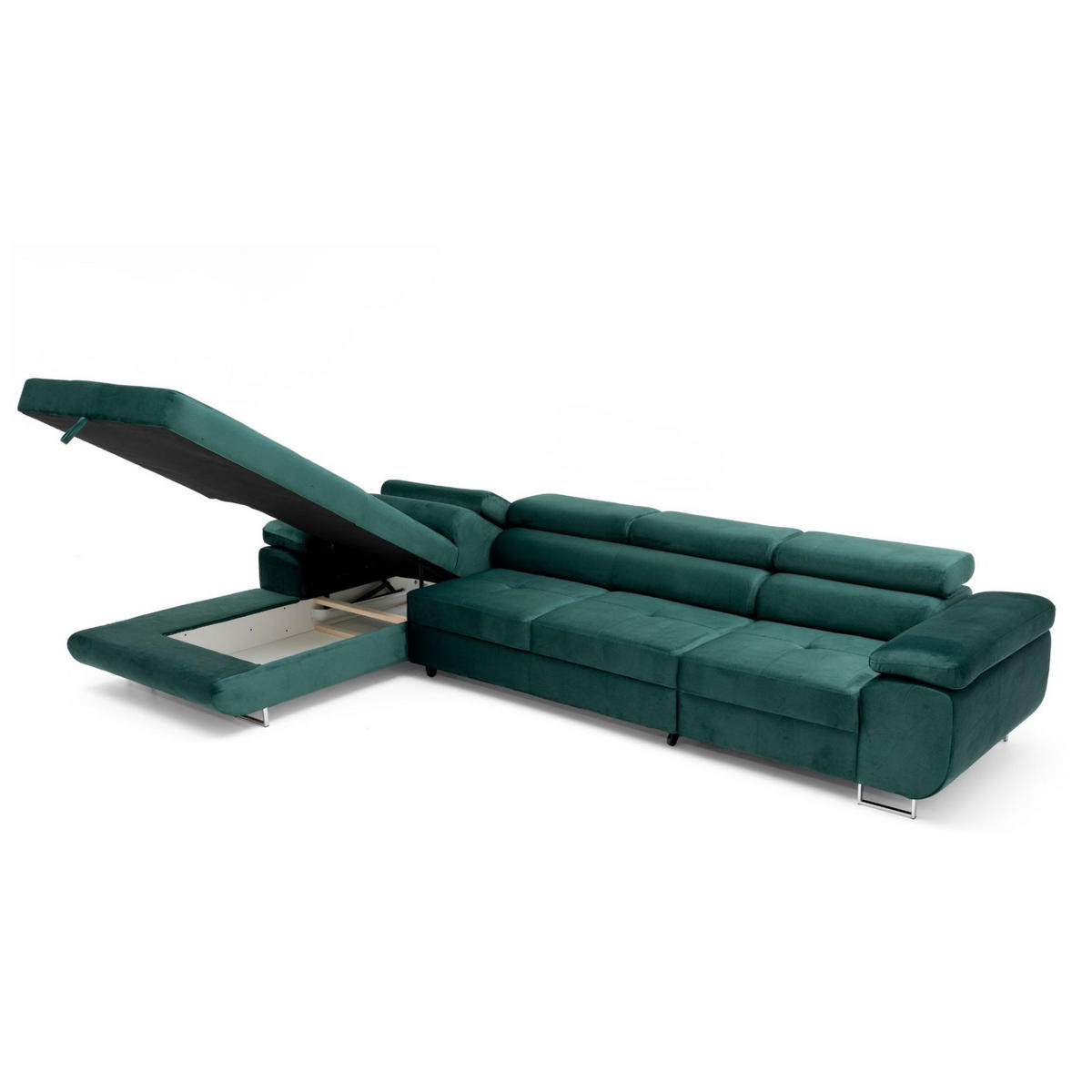 ECKSOFA ALONZO MAXI Links mit Schlaffunktion 125x195 Velours Grün - Silberfarben/Grün, Holz/Textil (350/203cm) - Muffo