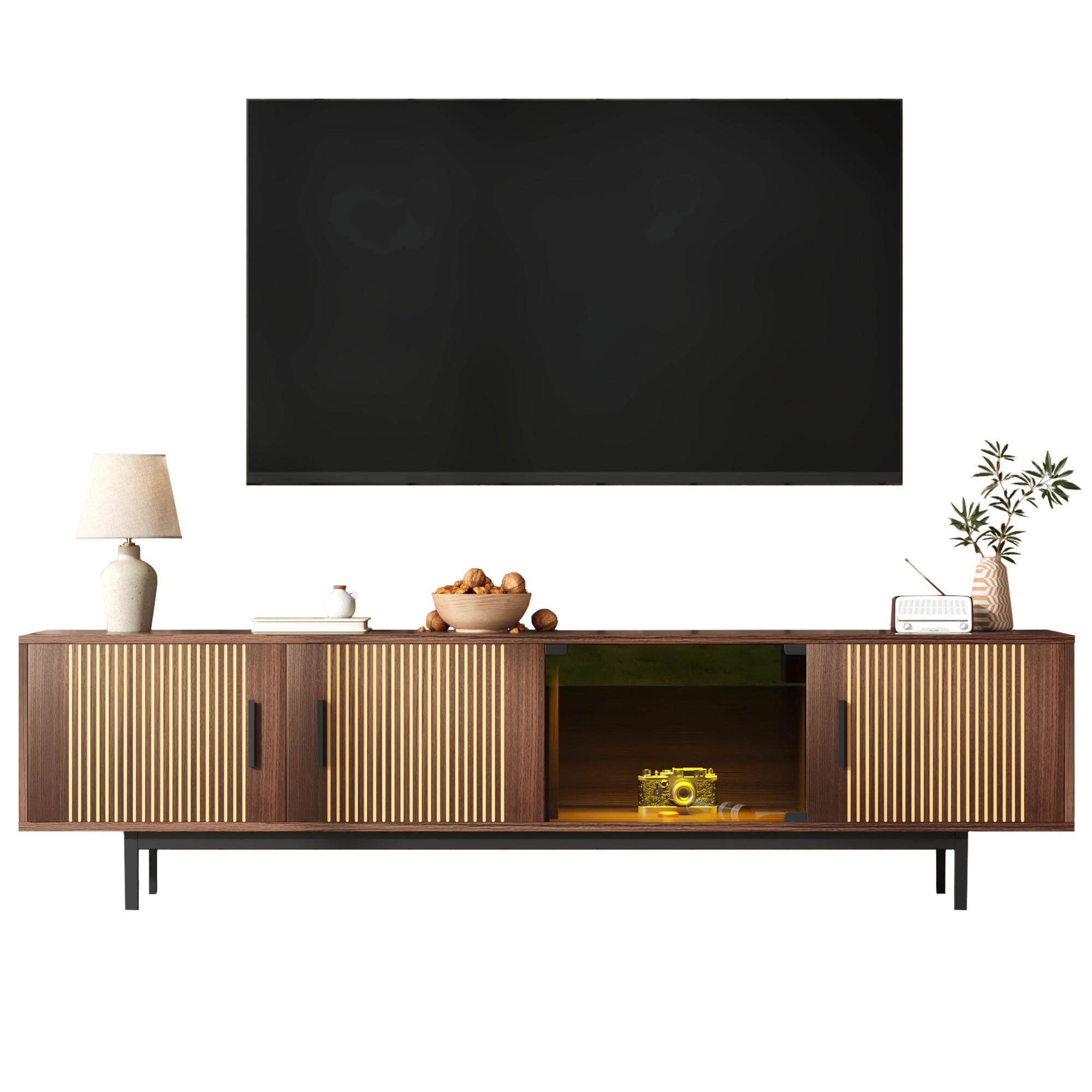 TV-SCHRANK Lowboard Naturholz geschnitzte Textur LED Glastür - Schwarz, Holz (42.19/24.61/62cm) - FLIEKS