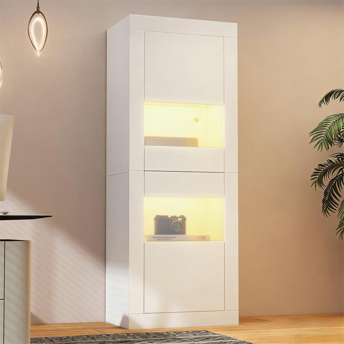 VITRINE in Weiß Highboard mit LED-Beleuchtung und Glasboden für Wohnzimmer und Schlafzimmer, B61/T42/H162 cm - Weiß, Glas/Holzwerkstoff (61/162/42cm) - STILVORA