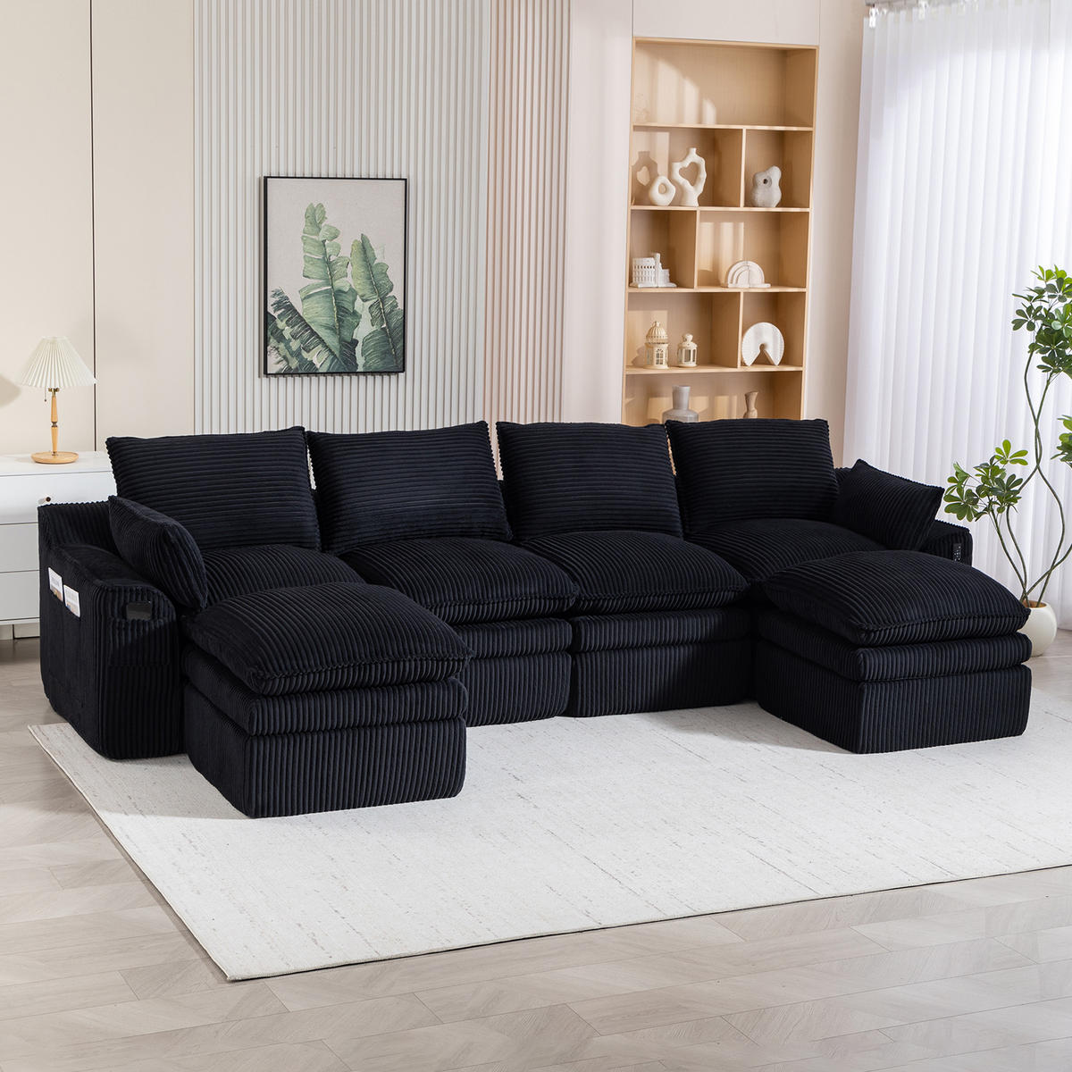 WOHNLANDSCHAFT Cord Schwarz mit Kissen und Seitentaschen - Schwarz, Textil (335/85/167cm) - WISHDOR