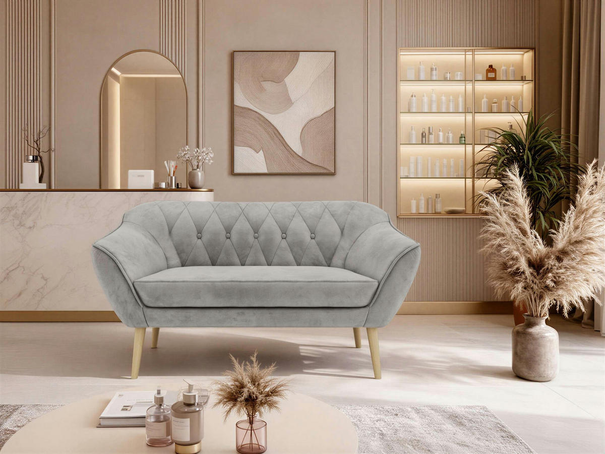 2-SITZER-SOFA PIRS - Hellgrau Velvet - Holzbeine - Buchefarben/Hellgrau, Holzwerkstoff/Textil (140/75/74cm) - MKS
