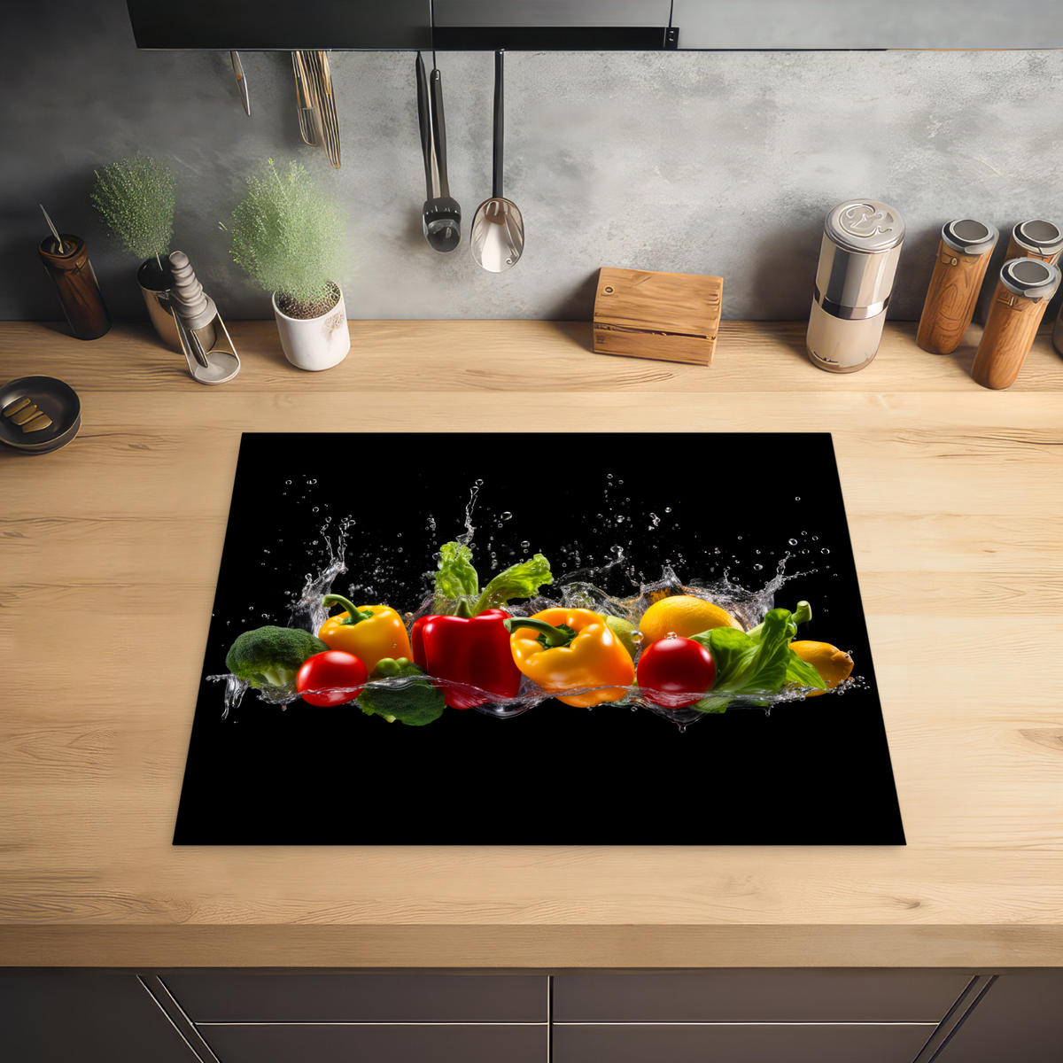 HERDABDECKPLATTE Paprika - Wasser - Gemüse - Schwarz 65x52 cm - Multicolor, Kunststoff (65/0.2/52cm) - MuchoWow