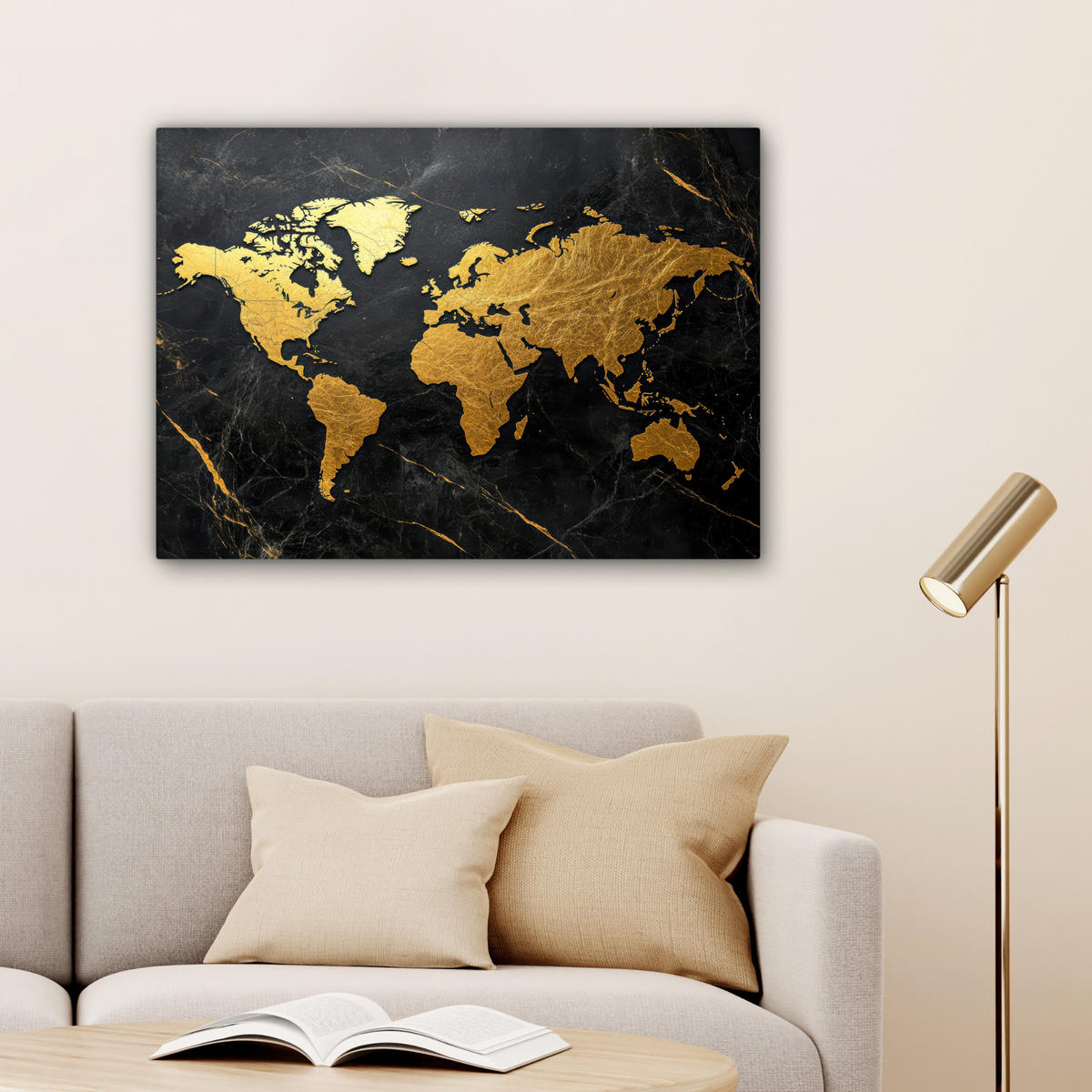 LEINWANDBILD Weltkarte - Gold - Marmor Wandbilder 80x60 cm - Goldfarben, Textil (80/60cm) - MuchoWow