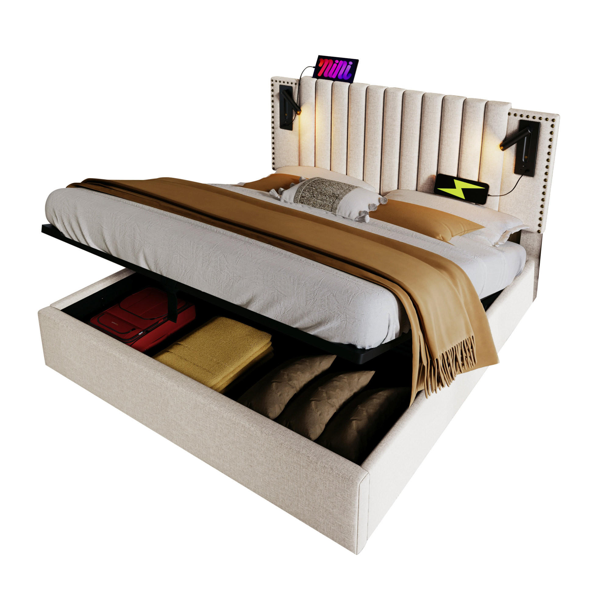 BETT mit Bettkasten 140x200 cm Baumwolle Beige - Beige, Metall (140/200cm) - Meubliv