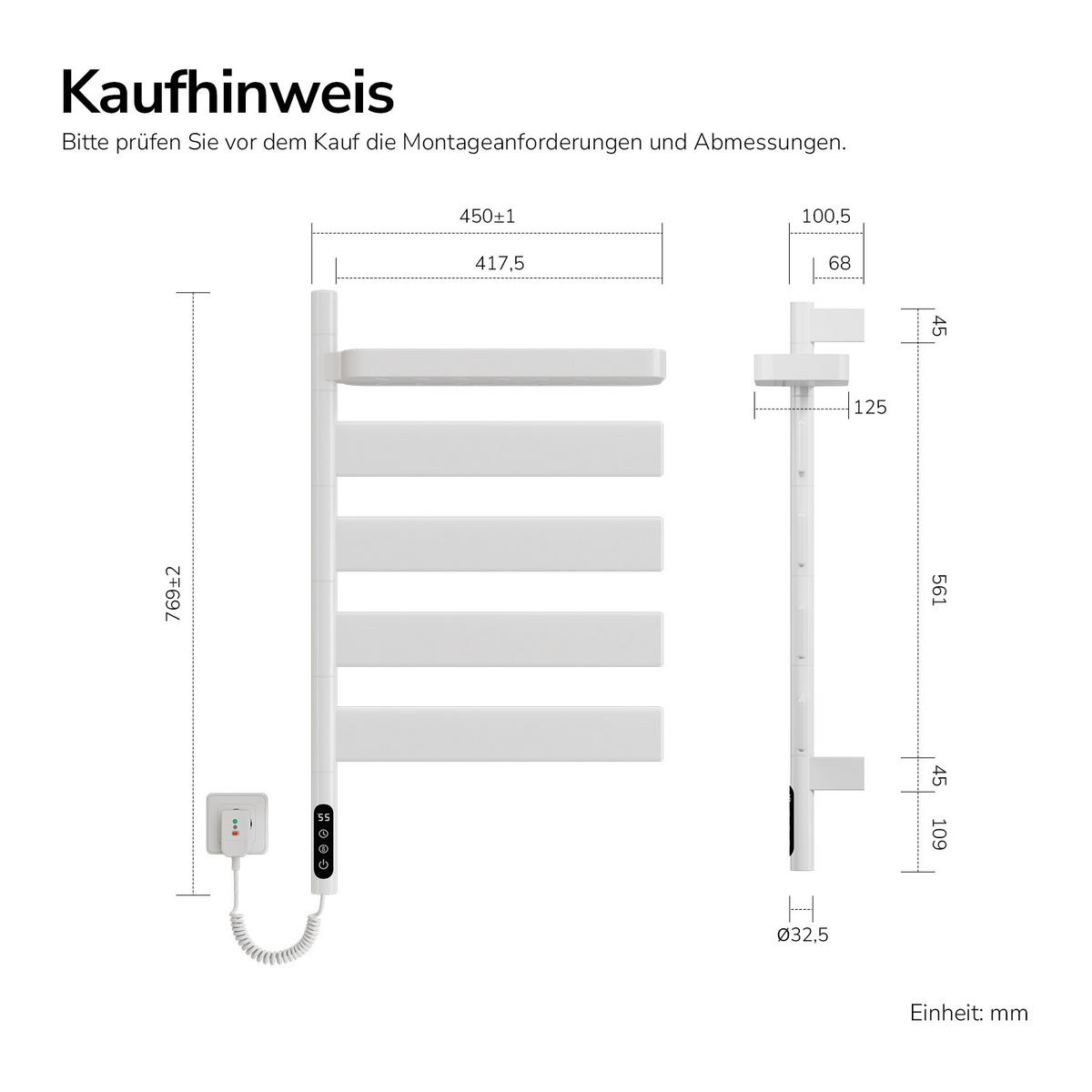 HEIZKÖRPER Handtuchheizkörper Intelligentes Heizsystem mit Ablage Weiß 76/45 cm - Weiß, Metall (45/76/14cm) - EMKE