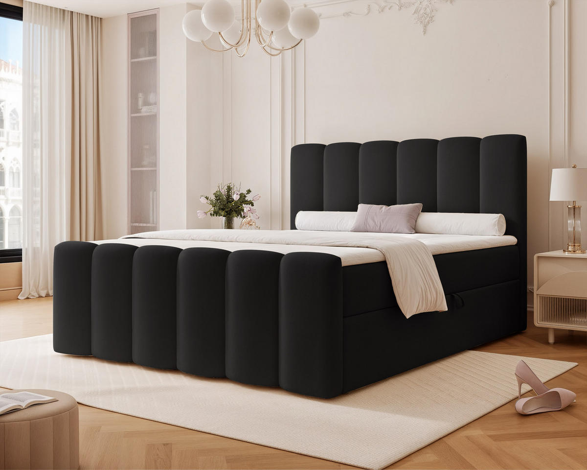 BOXBETT FERRERO 160/200 cm, in Schwarz, mit Matratze - Schwarz, Textil (160/200cm) - Idohome