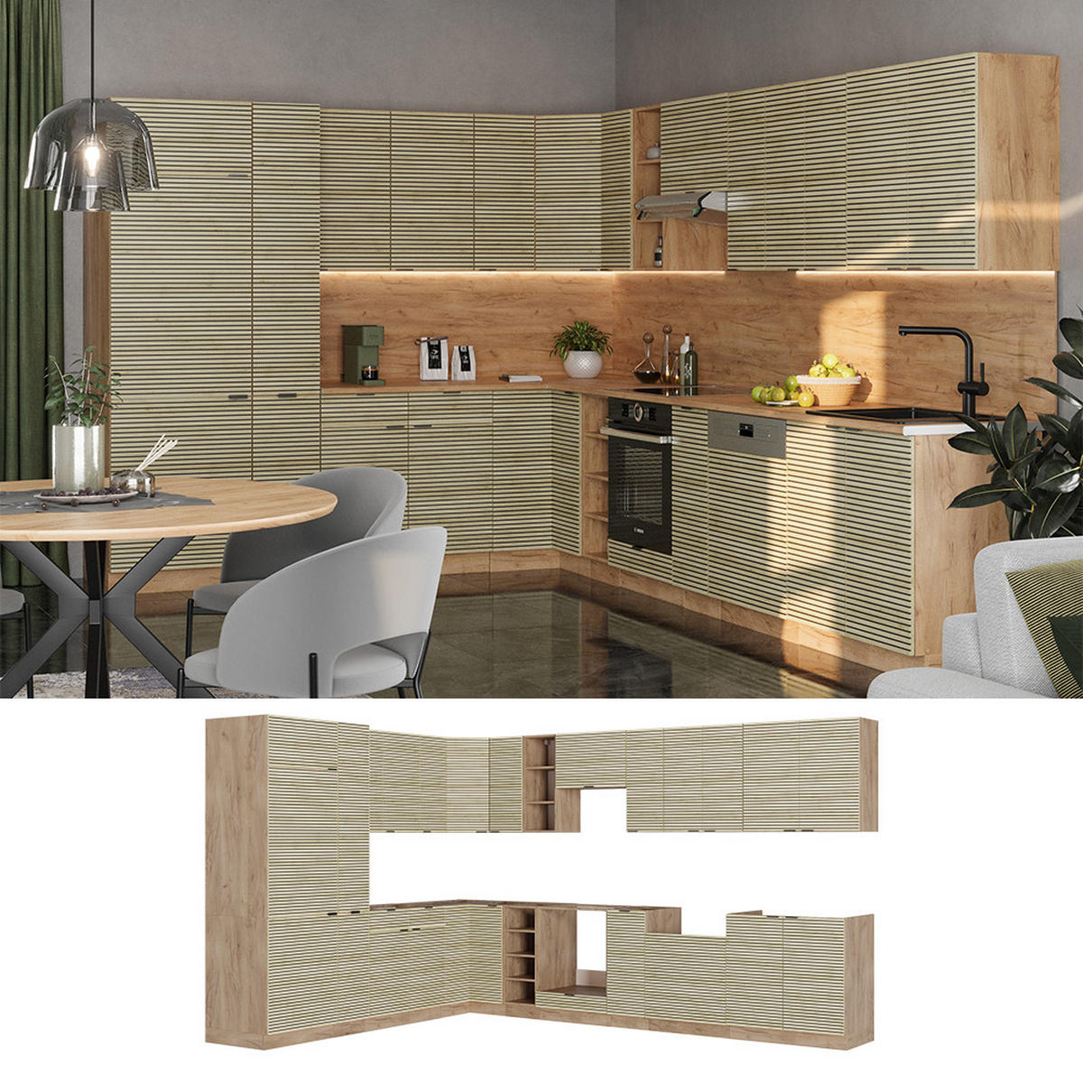 ECKKÜCHE Fame-Line Eiche Paneel/Goldkraft Eiche 347 x 257 cm ohne Arbeitsplatte - Honigeiche/Hellbraun, Holzwerkstoff (347/81.6/46cm) - Vicco