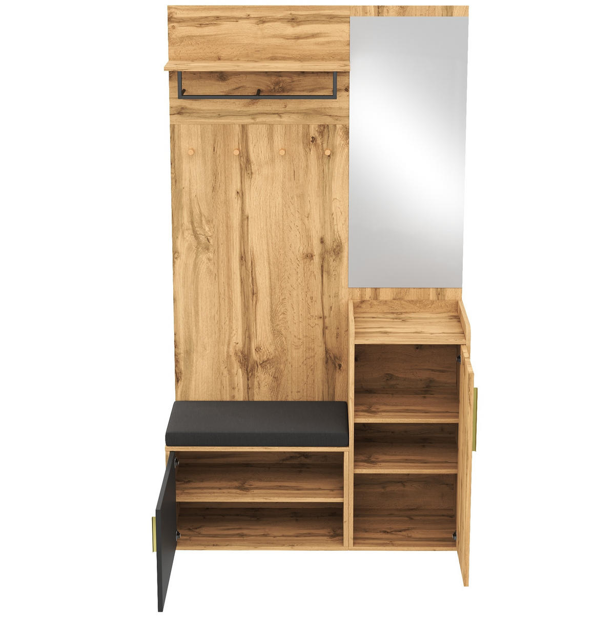 GARDEROBE mit Spiegel und Sitzbank 100 x 38 x 185 cm Eiche-Schwarz - Schwarz, Holzwerkstoff (38/185/100cm) - Beauniv