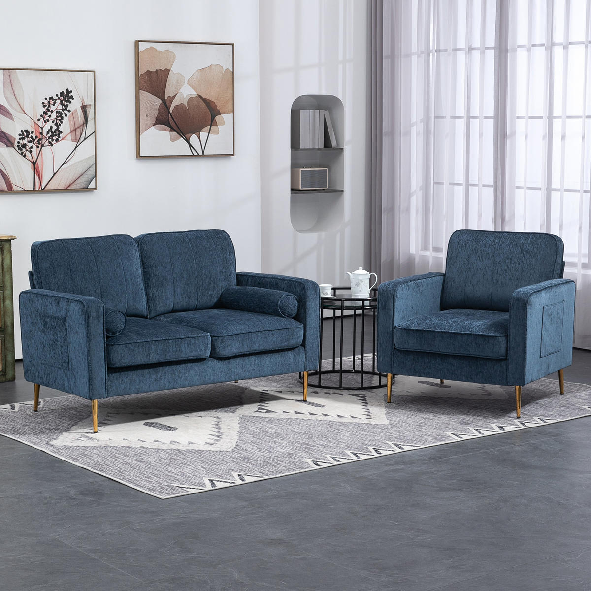 SESSEL DE-13399 mit goldenen Stahlfüßen & Seitentaschen Blau - Blau, Textil (84/87/81cm) - ComfortXL