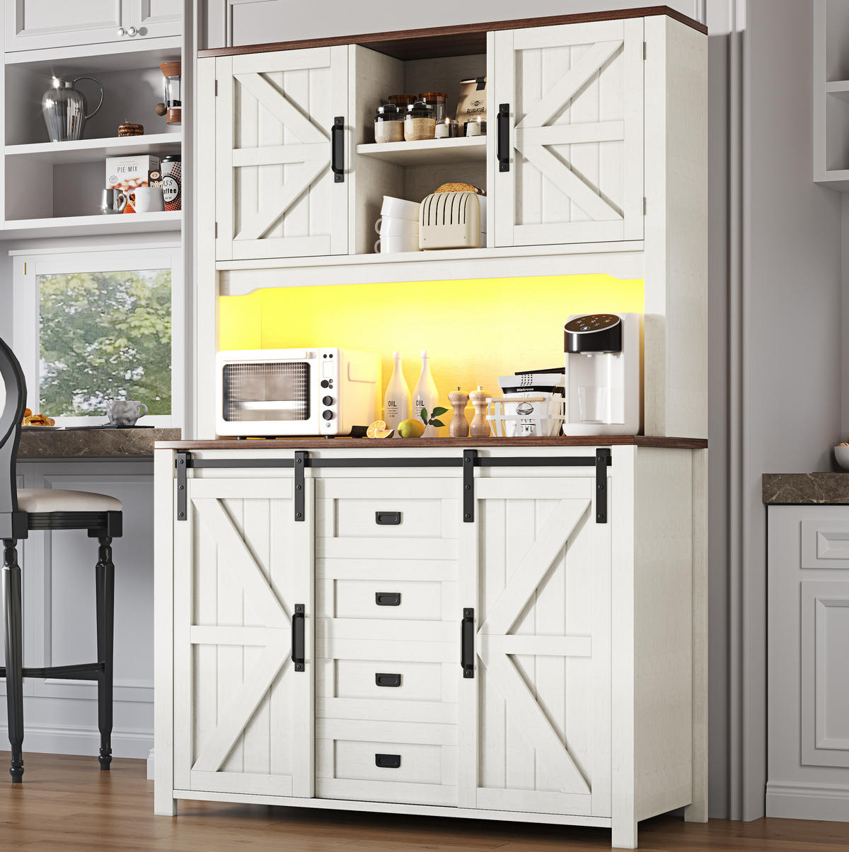 BUFFET 115/40/174,7 cm mit Schubladen, Schiebetüren & LED-Beleuchtung - Weiß, Holzwerkstoff (115/174.7/40cm) - BEAOK