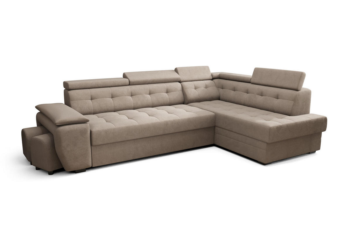 ECKSOFA KONGO RBN15, Eckcouch in L-Form mit Schlaffunktion, Farbe: Beige, Velourstoff, Ottomane Rechts - Beige, Textil (277/180cm) - O-Sofa