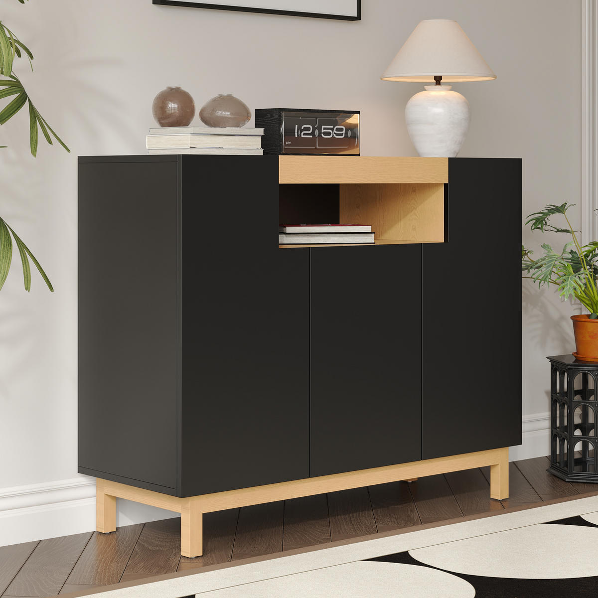 SIDEBOARD 3 Türen Wohn Esszimmer Multifunktional Stauraum - Schwarz, Holzwerkstoff (42/96/120.5cm) - FLIEKS