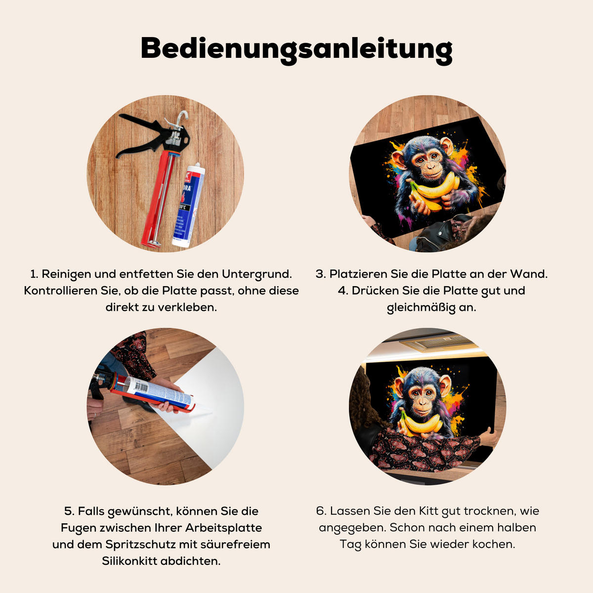 SPRITZSCHUTZ KÜCHE Affe - Graffiti - Farbenfroh - Bananen - Modern 80x55 cm - Gelb, Metall (80/0.3/55cm) - MuchoWow